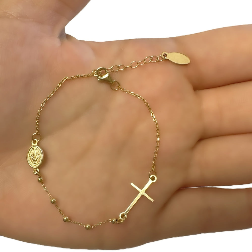 18K Gold Cross and St. Mary Bracelet