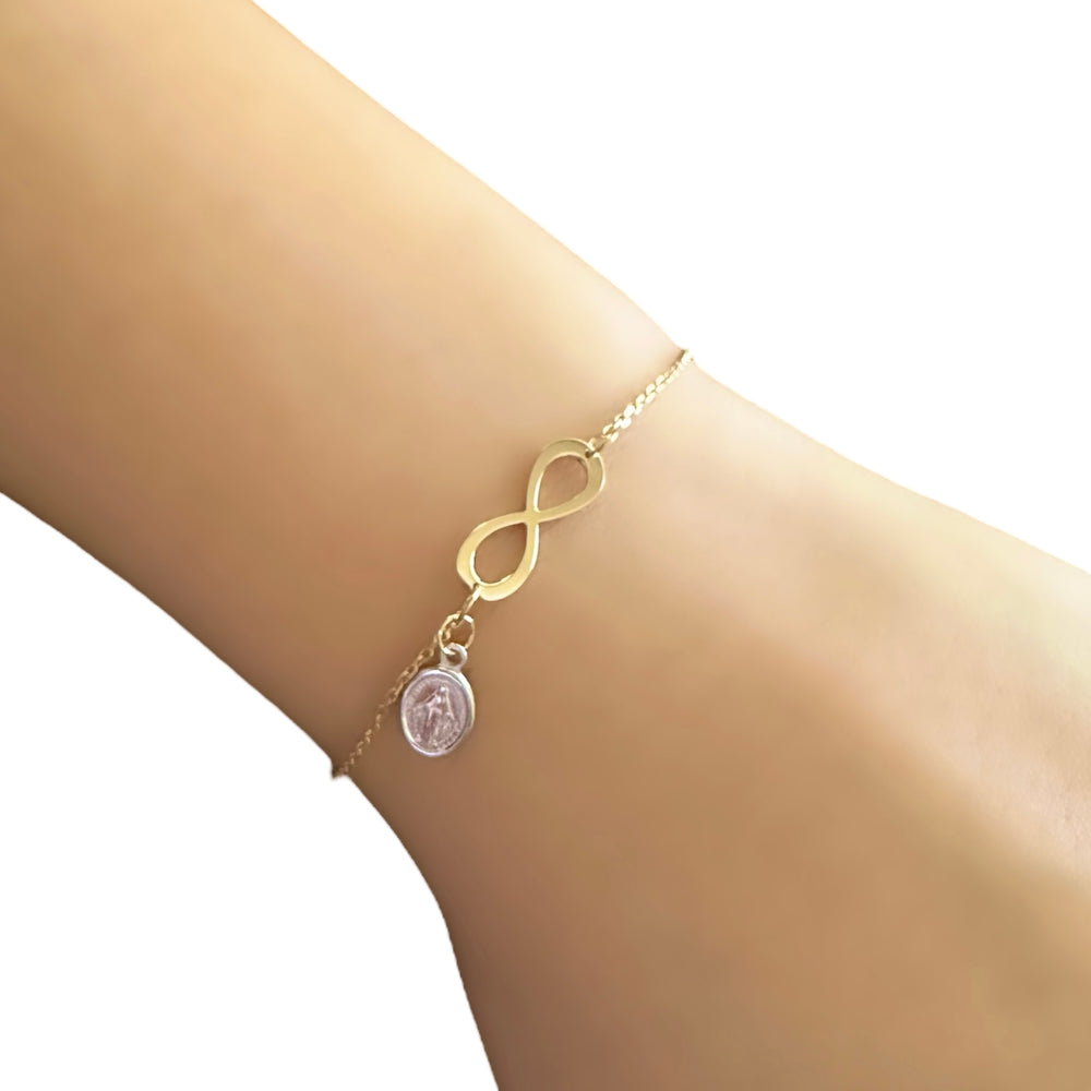 18K Gold Two Tone Infinity and ST. Mary Bracelet