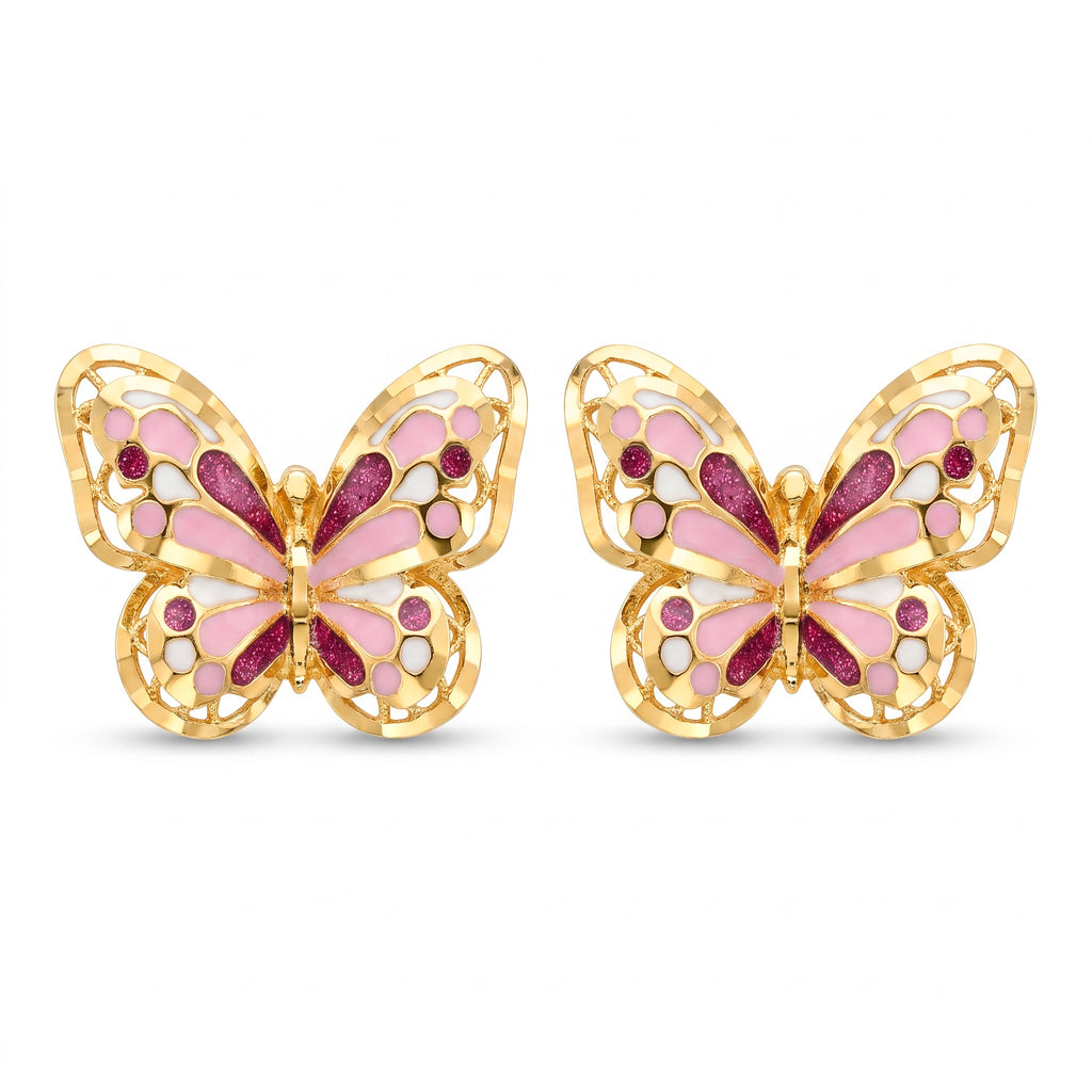 18K Yellow Gold White & Pink Enamel Butterfly Drop Earring
