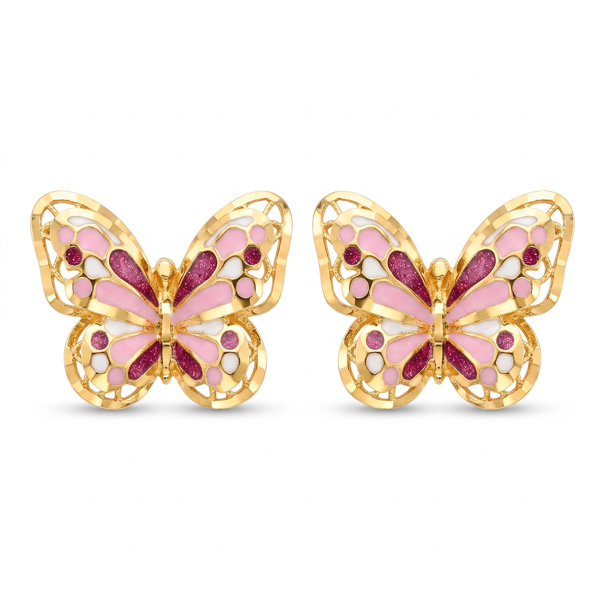 18K Yellow Gold White & Pink Enamel Butterfly Drop Earring
