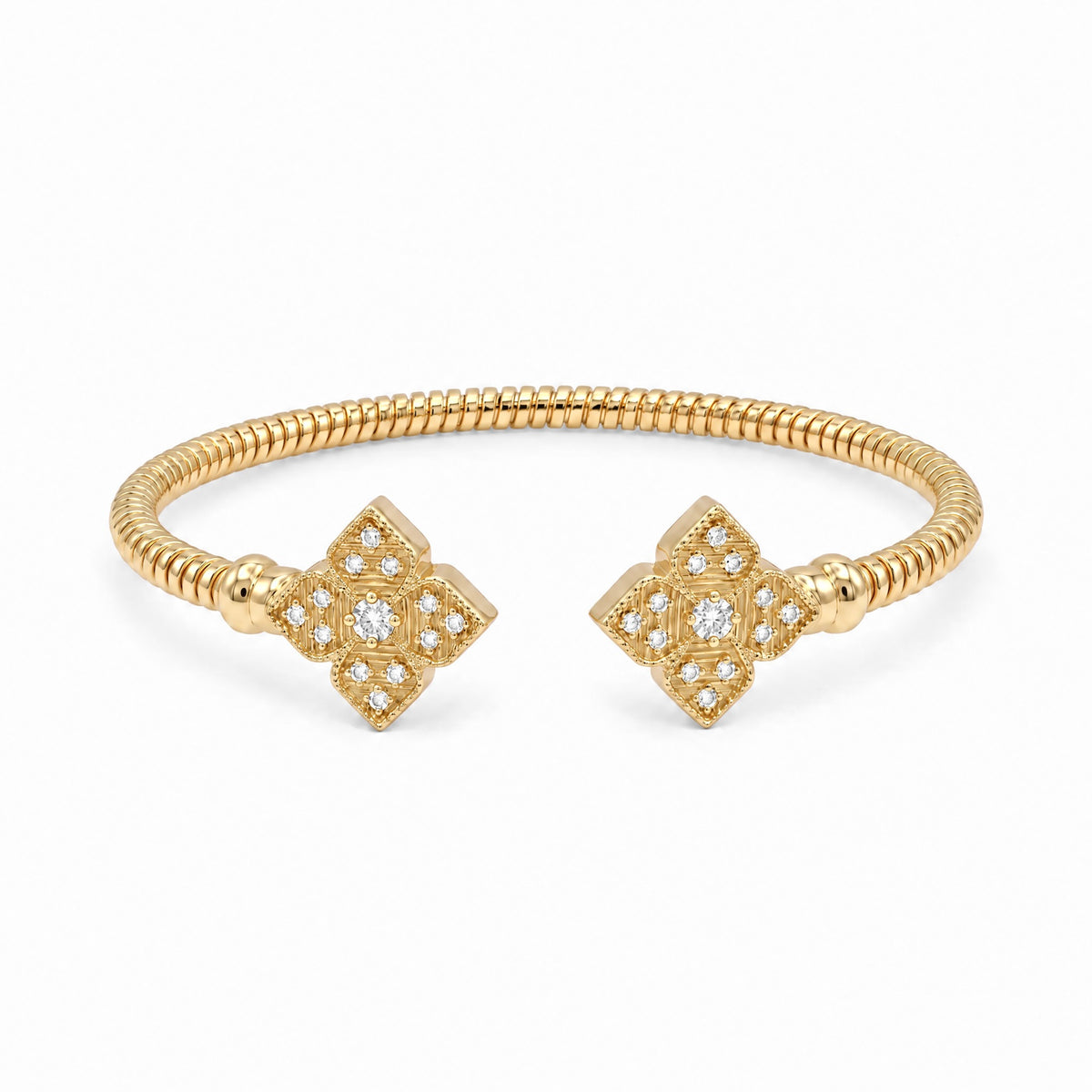 Diamond Yellow Gold Double Flower Cuff Bracelet