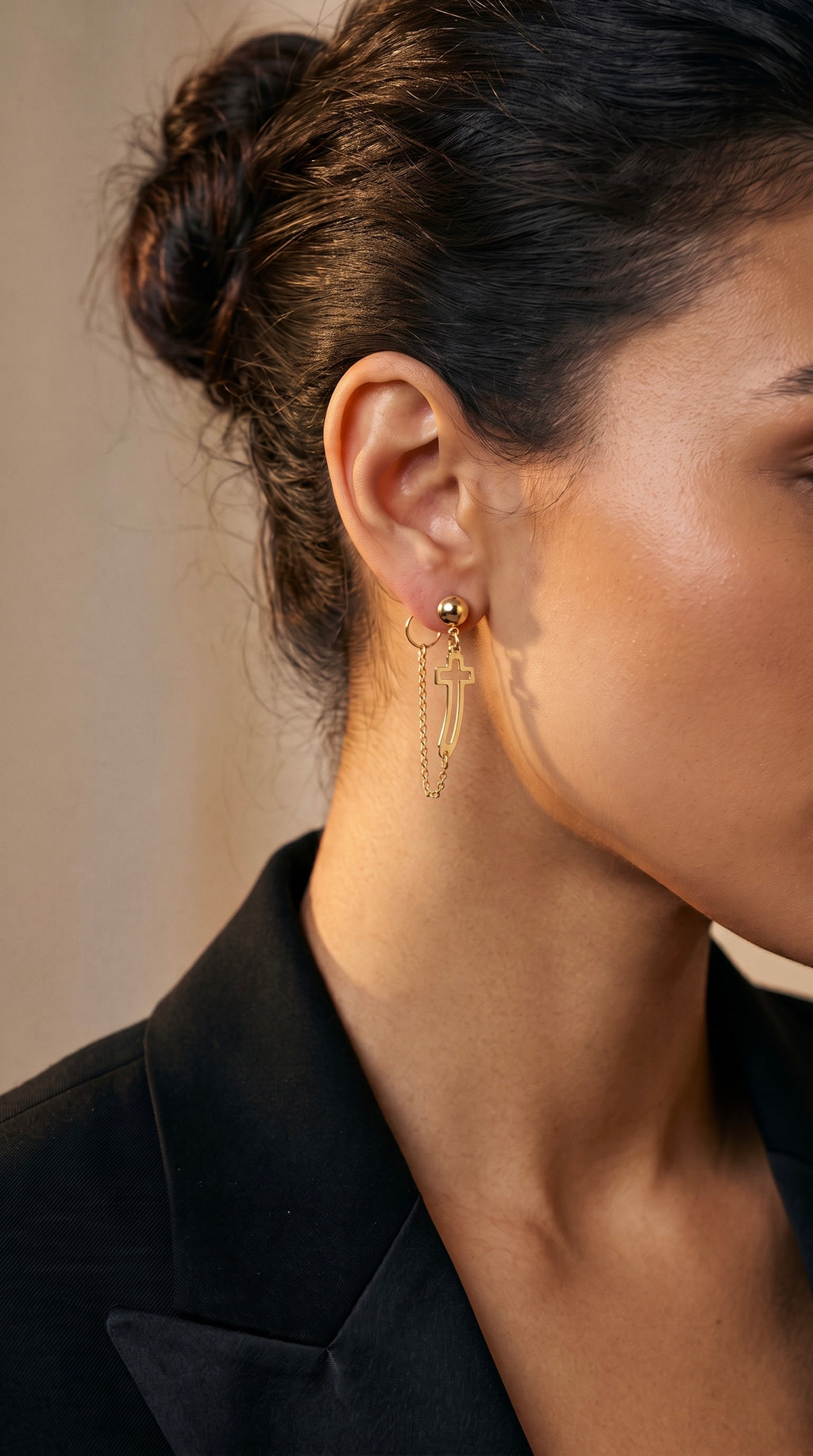 18K Yellow Gold Cross Dangle Earring