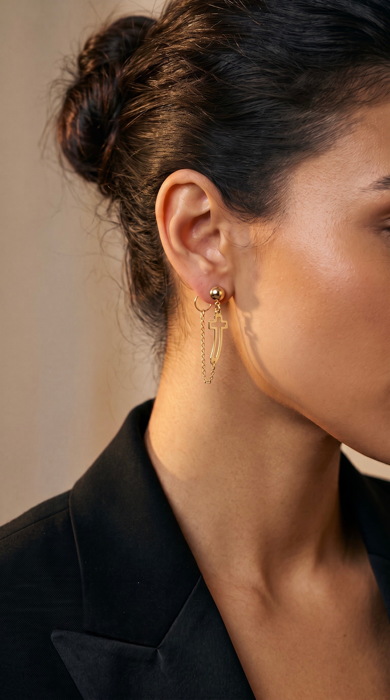 18K Yellow Gold Cross Dangle Earring