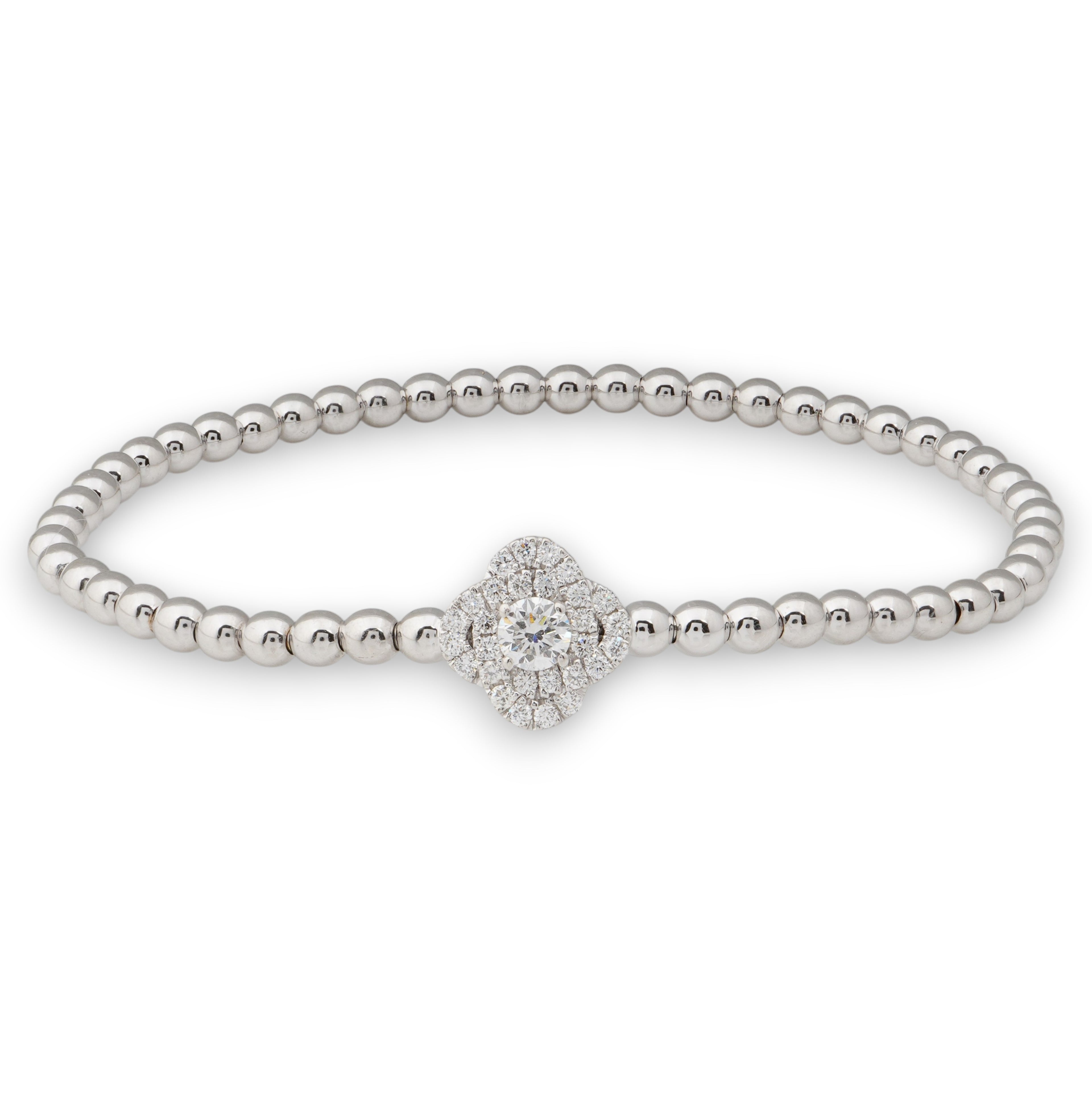 18K White Gold Diamond Clover Bead Bracelet