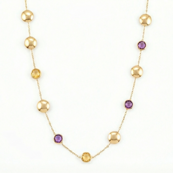 18K Yellow Gold Purple Amethyst & Yellow Citrin Chain Necklace