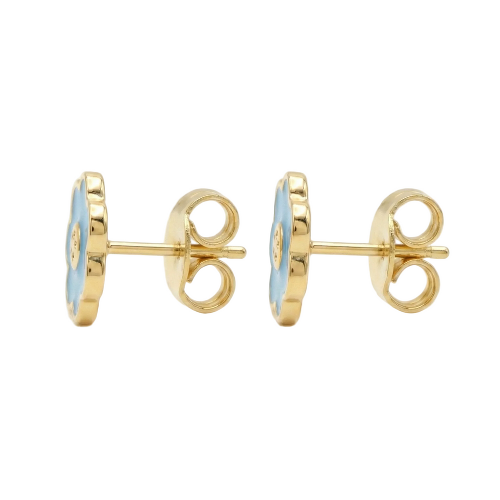 18K Yellow Gold Blue Enamel Flower Stud Earrings