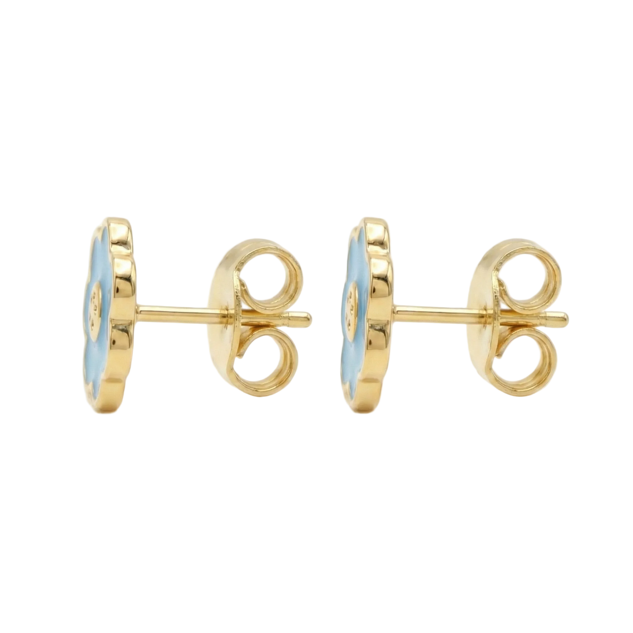 18K Yellow Gold Blue Enamel Flower Stud Earrings
