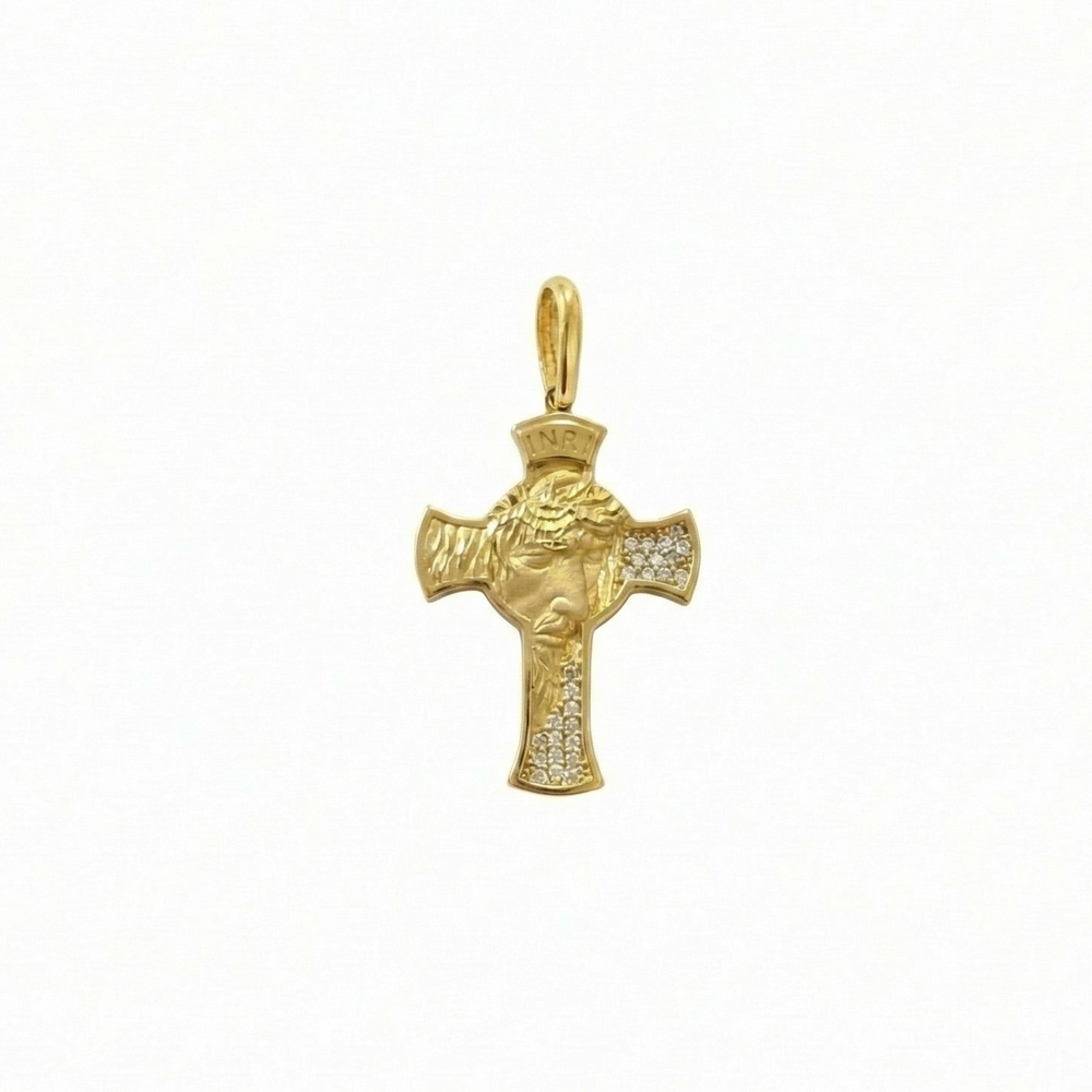 18K Gold Small Cubic Zirconia Jesus Face Cross Pendant