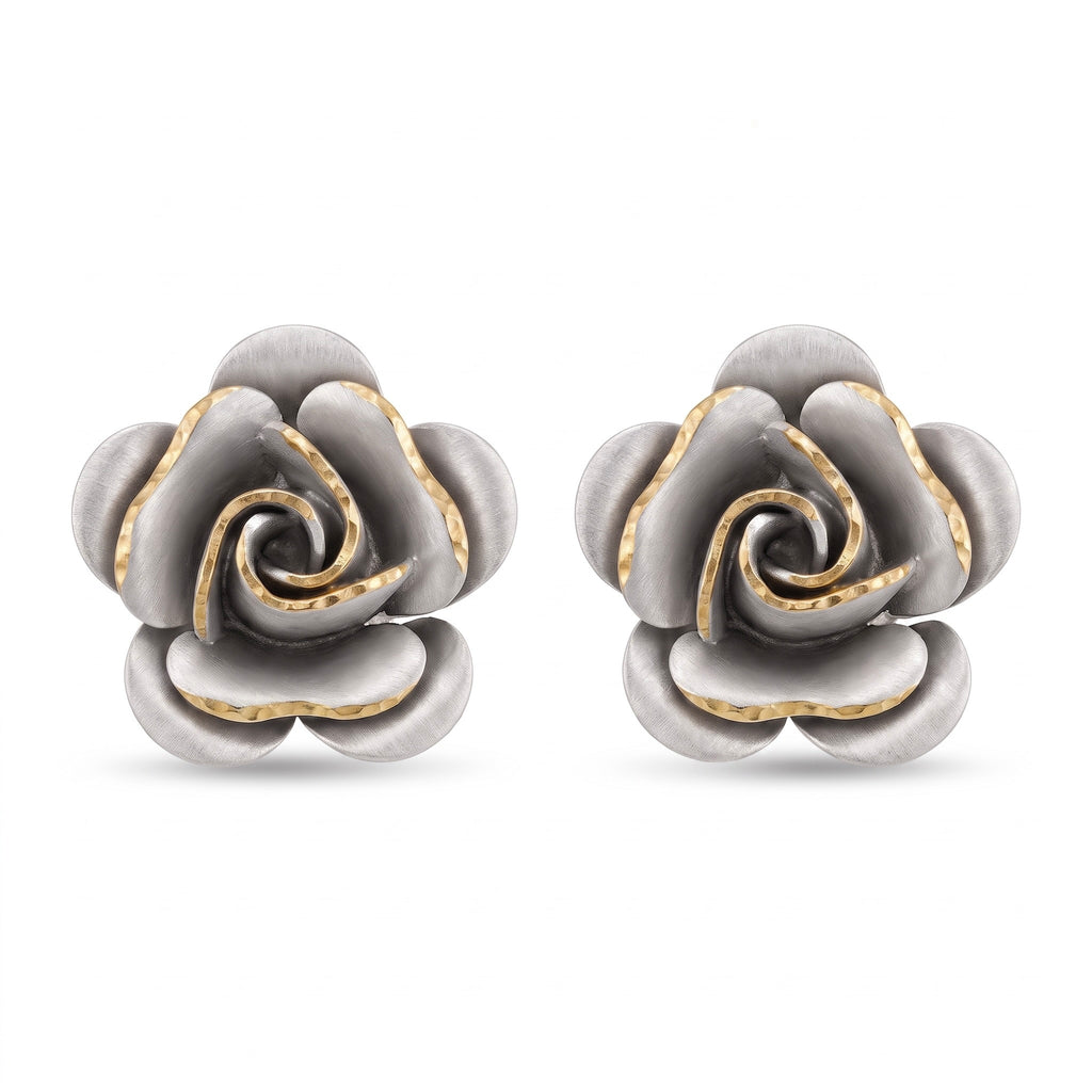 18K Two Tone Gold Rose Stud Earring