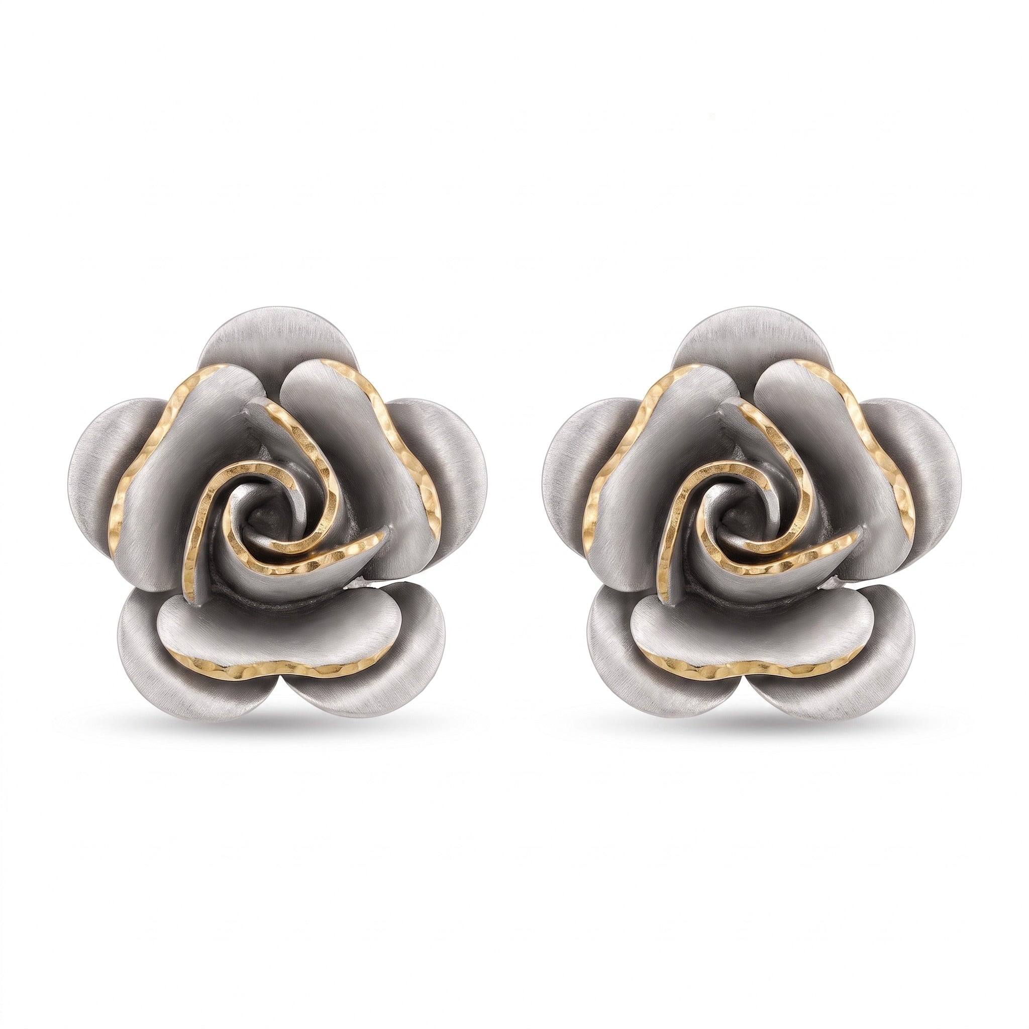 18K Two Tone Gold Rose Stud Earring