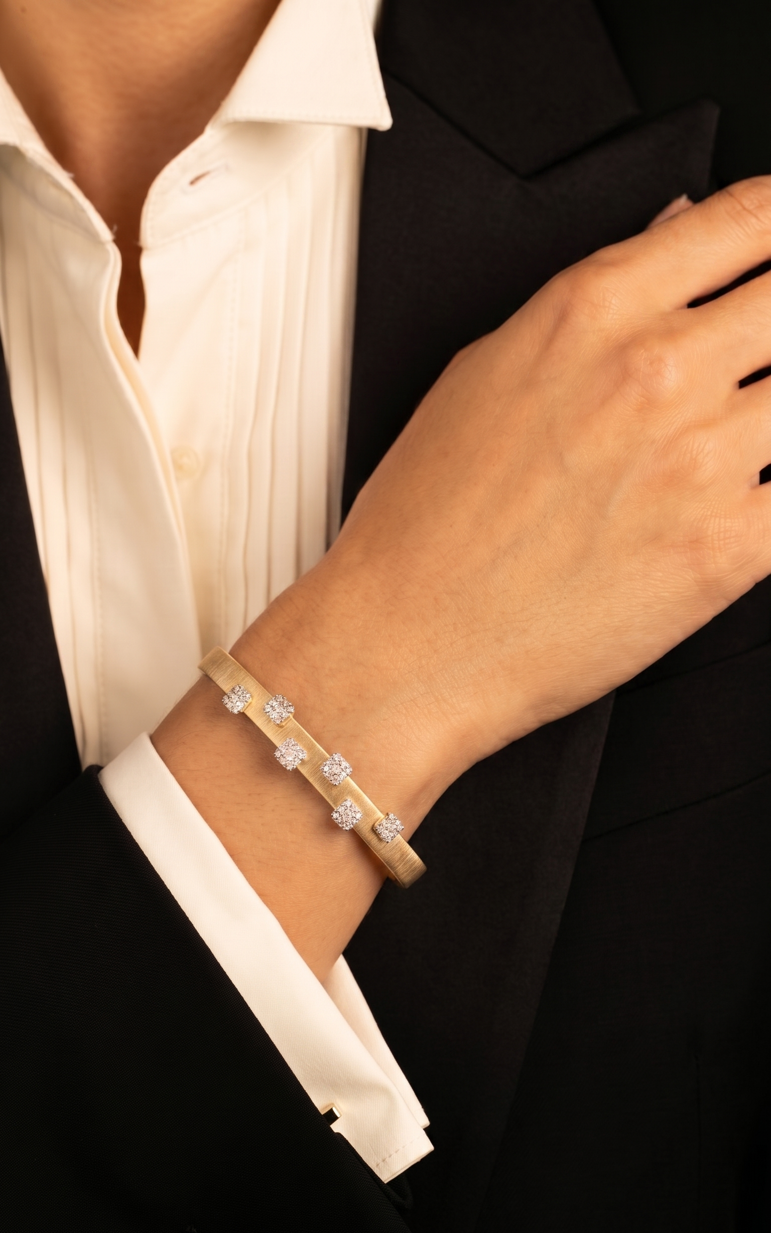 Diamond Two Tone Gold Satin Cuff Bracelet