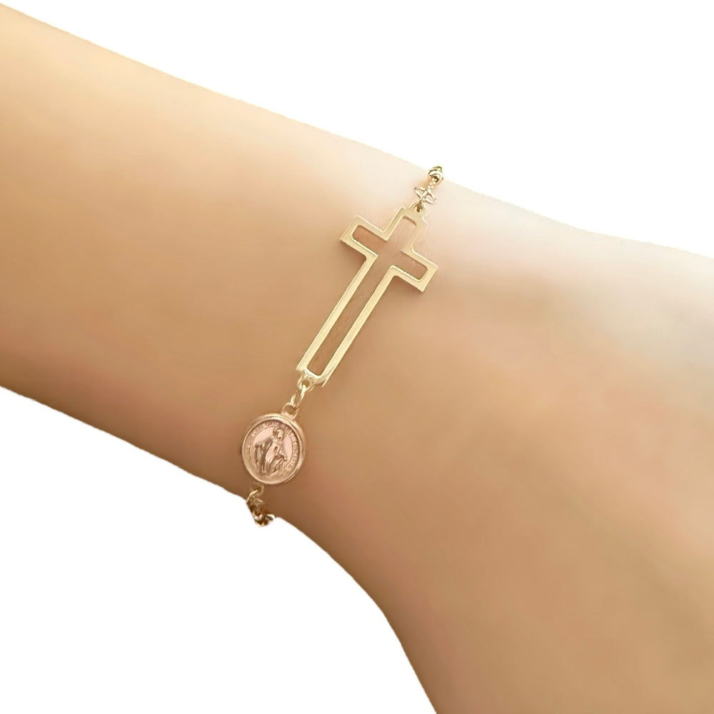 18K Gold Cross and St. Mary Bracelet