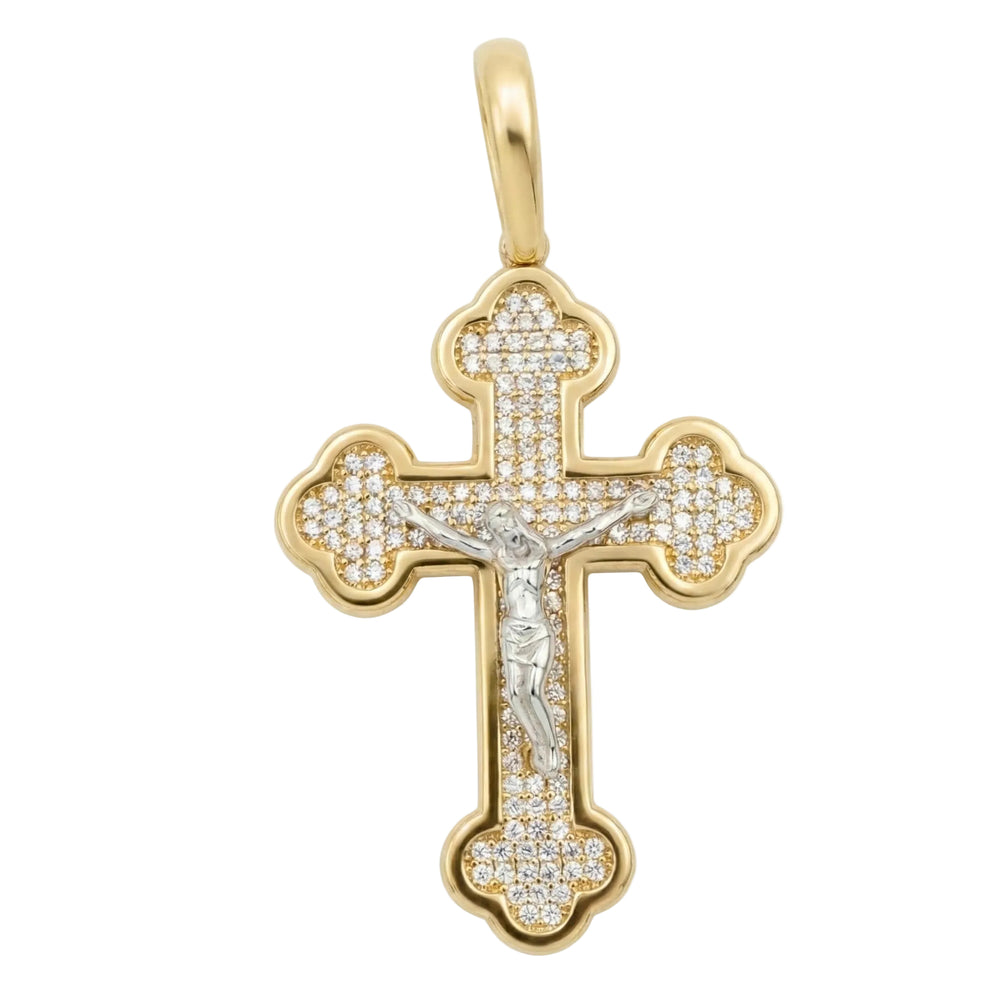 18K Gold Small Two Tone Cubic Zirconia Pave Cross Pendant
