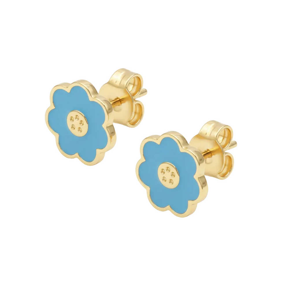 18K Yellow Gold Blue Enamel Flower Stud Earring