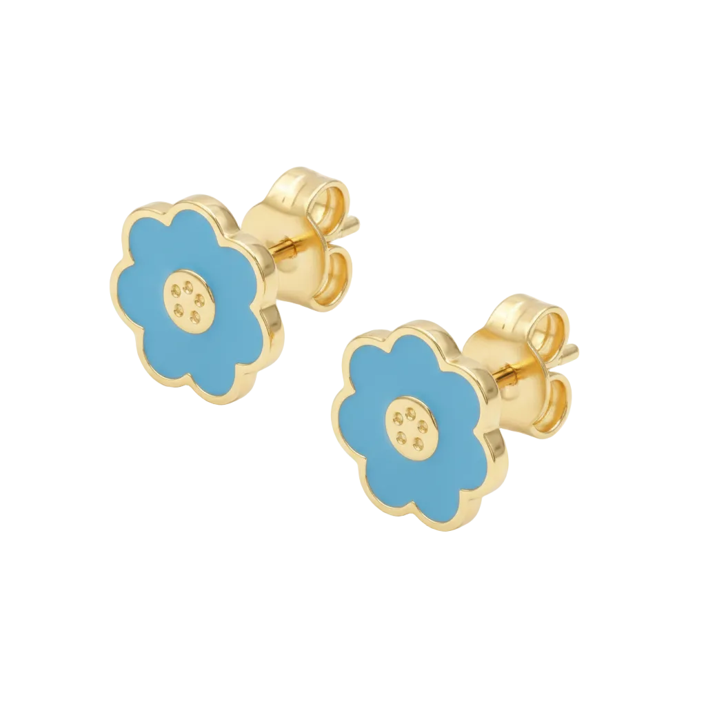 18K Yellow Gold Blue Enamel Flower Stud Earrings
