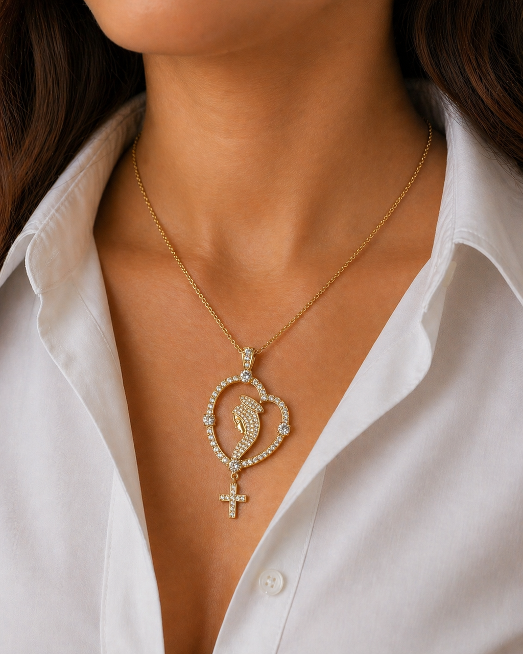 Diamond Yellow Gold St. Mary Cross Necklace