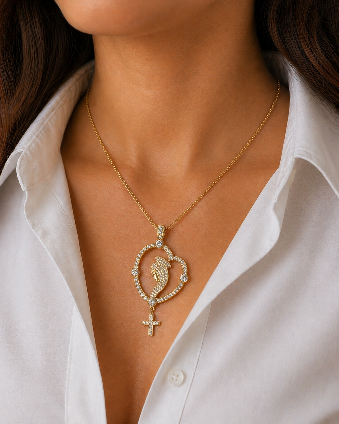 Diamond Yellow Gold St. Mary Cross Necklace