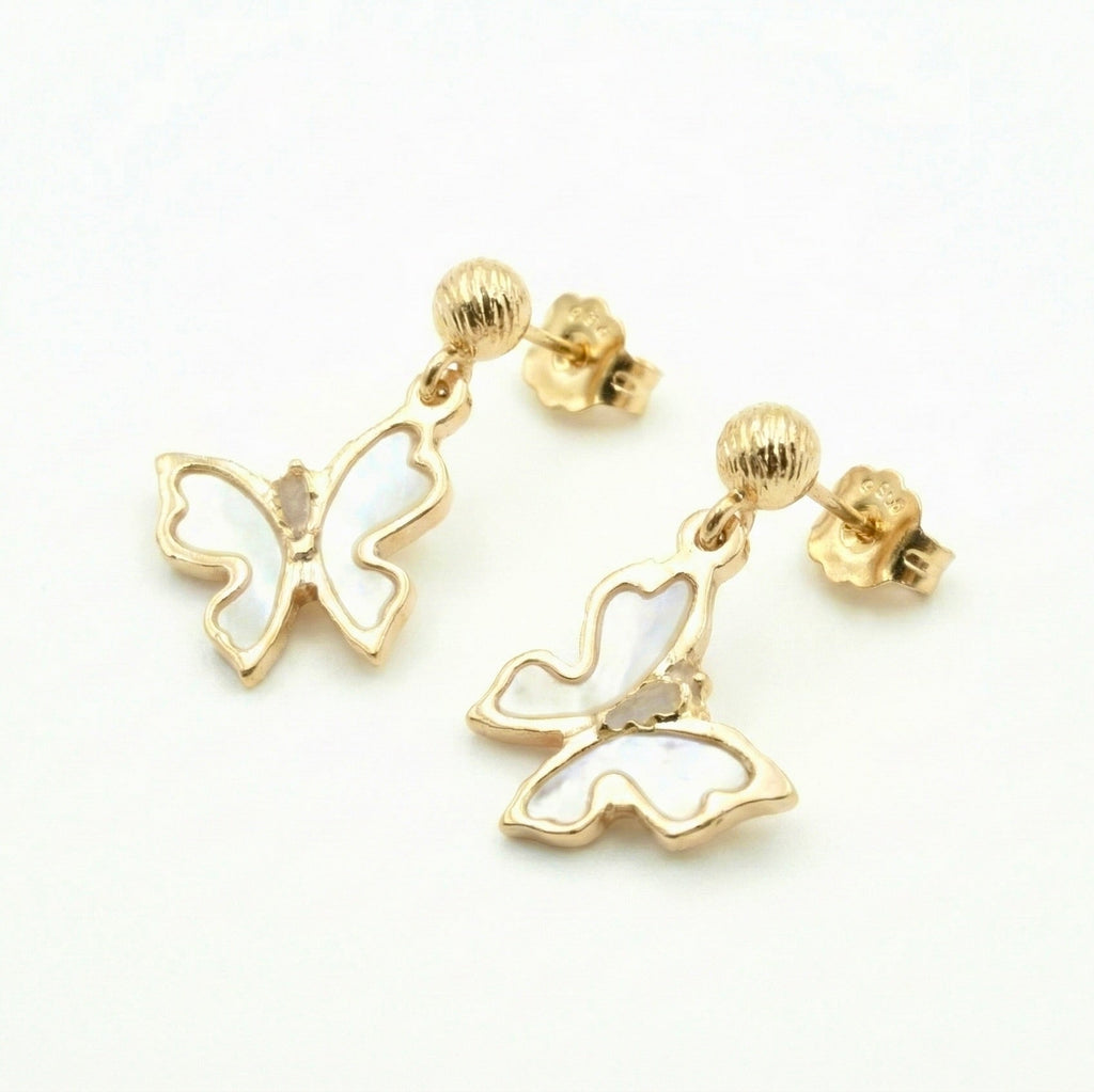 18K Yellow Gold White Mother Of Pearl Butterfly Drop Earrings