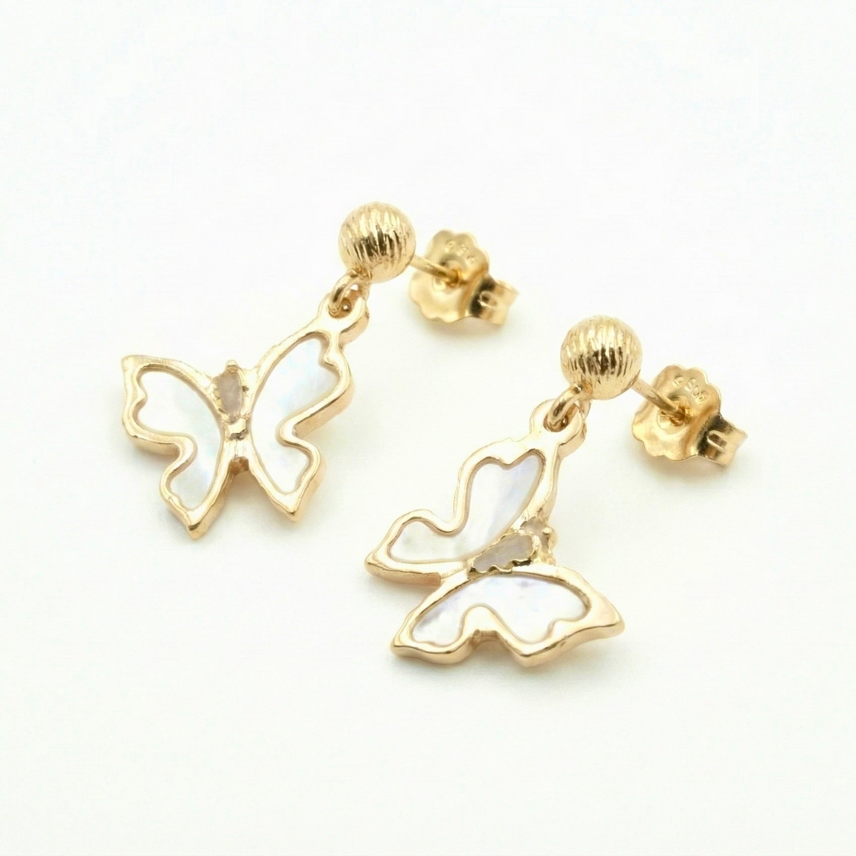 18K Yellow Gold White Mother Of Pearl Butterfly Drop Earrings