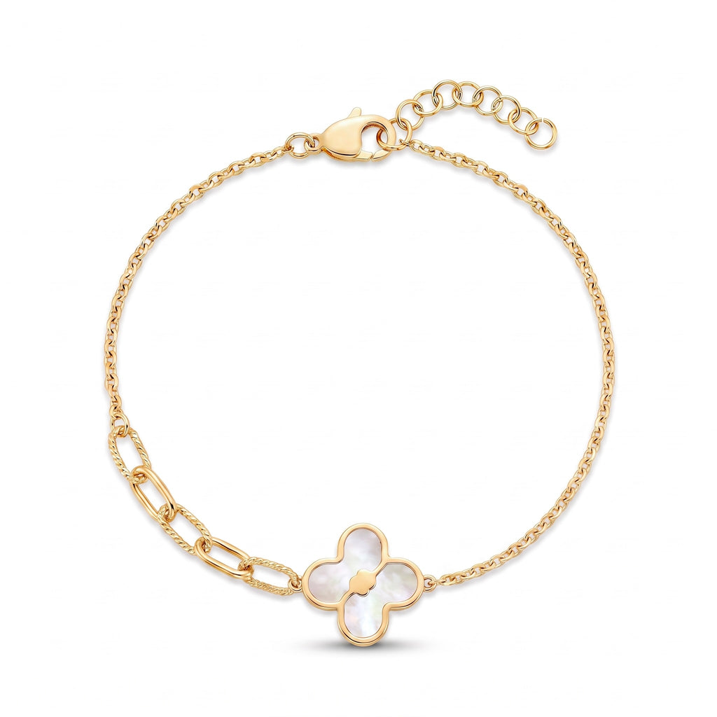 18K Yellow Gold Mother Of Pearl Clover Chain Bracelet