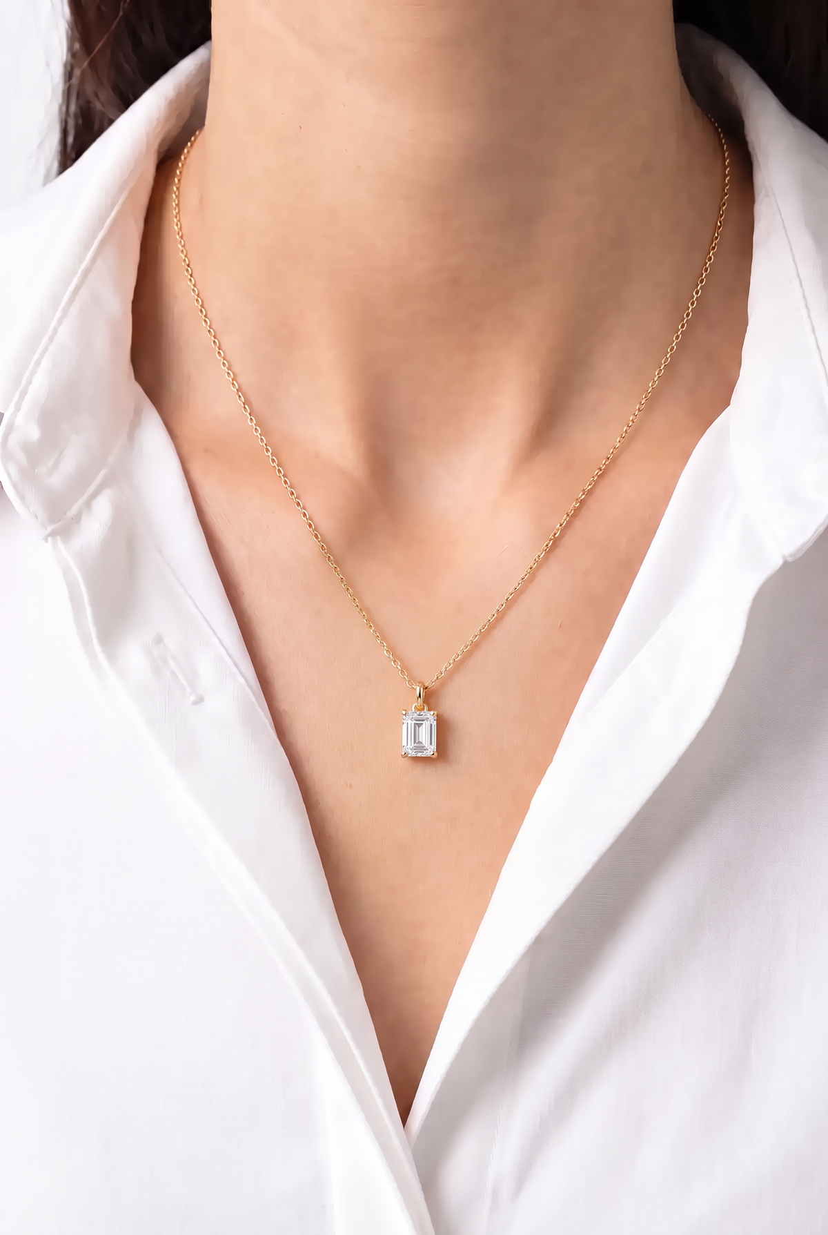 Lab Diamond Yellow Gold Emerald Solitaire Pendant Necklace