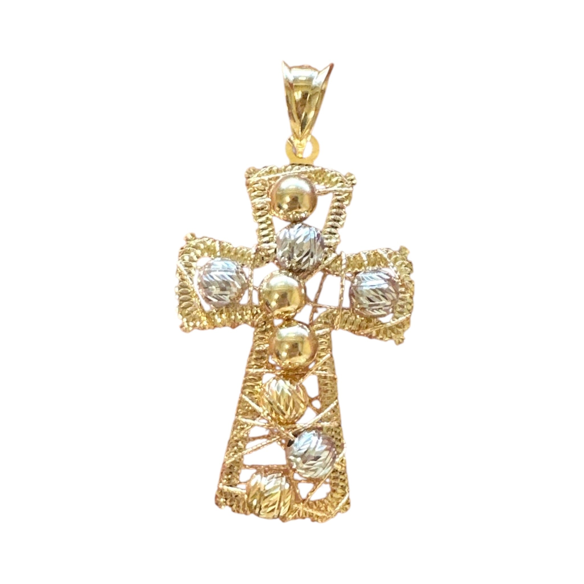 18K Two Tone Gold Large Wire Bead Cross Pendant