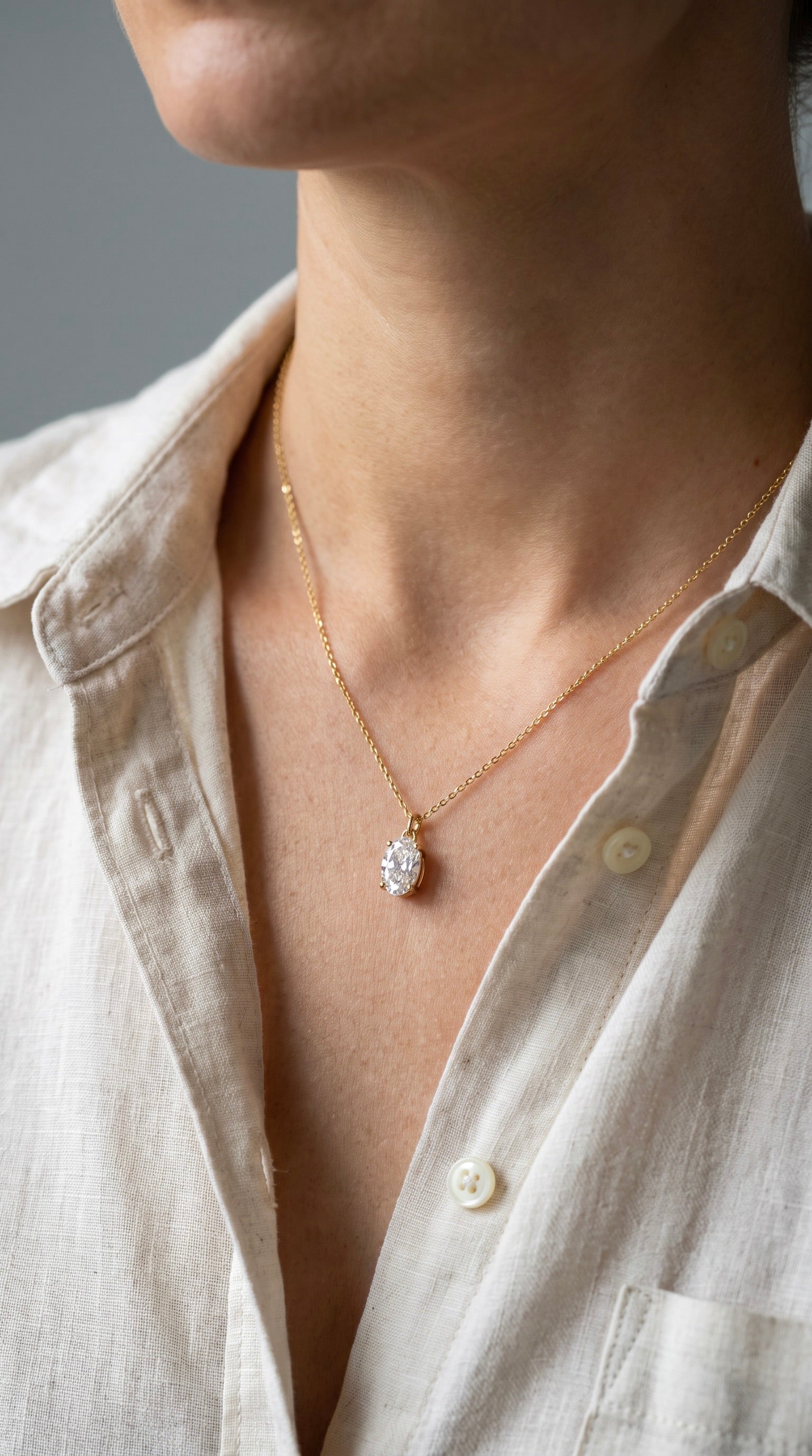 Lab Diamond Yellow Gold Oval Solitaire Chain Necklace