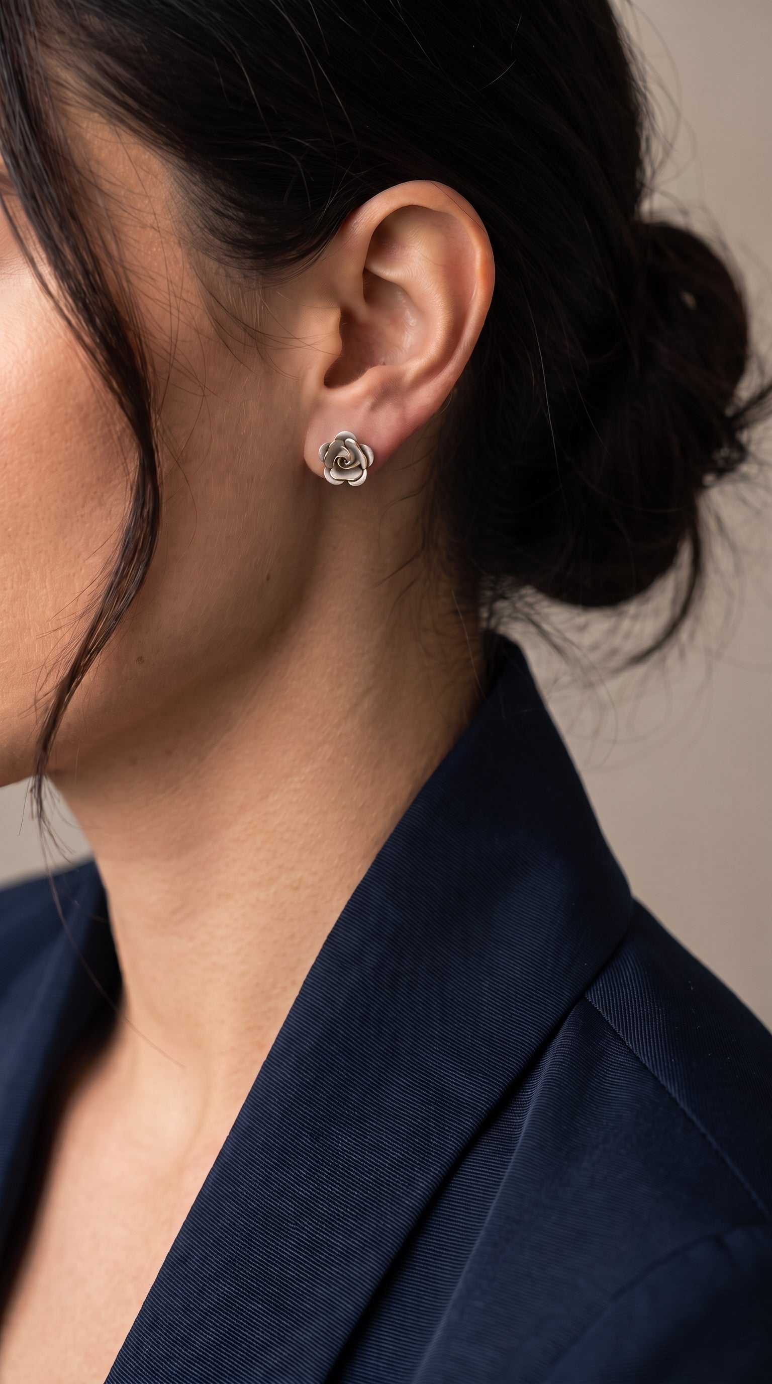 18K Two Tone Gold Rose Stud Earring