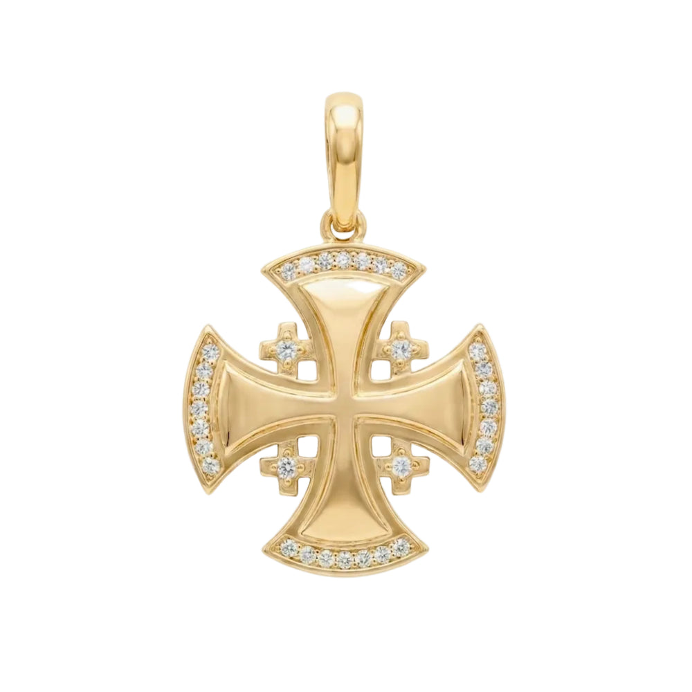 18K Yellow Gold Cubic Zirconia Cross Of Jerusalem Pendant