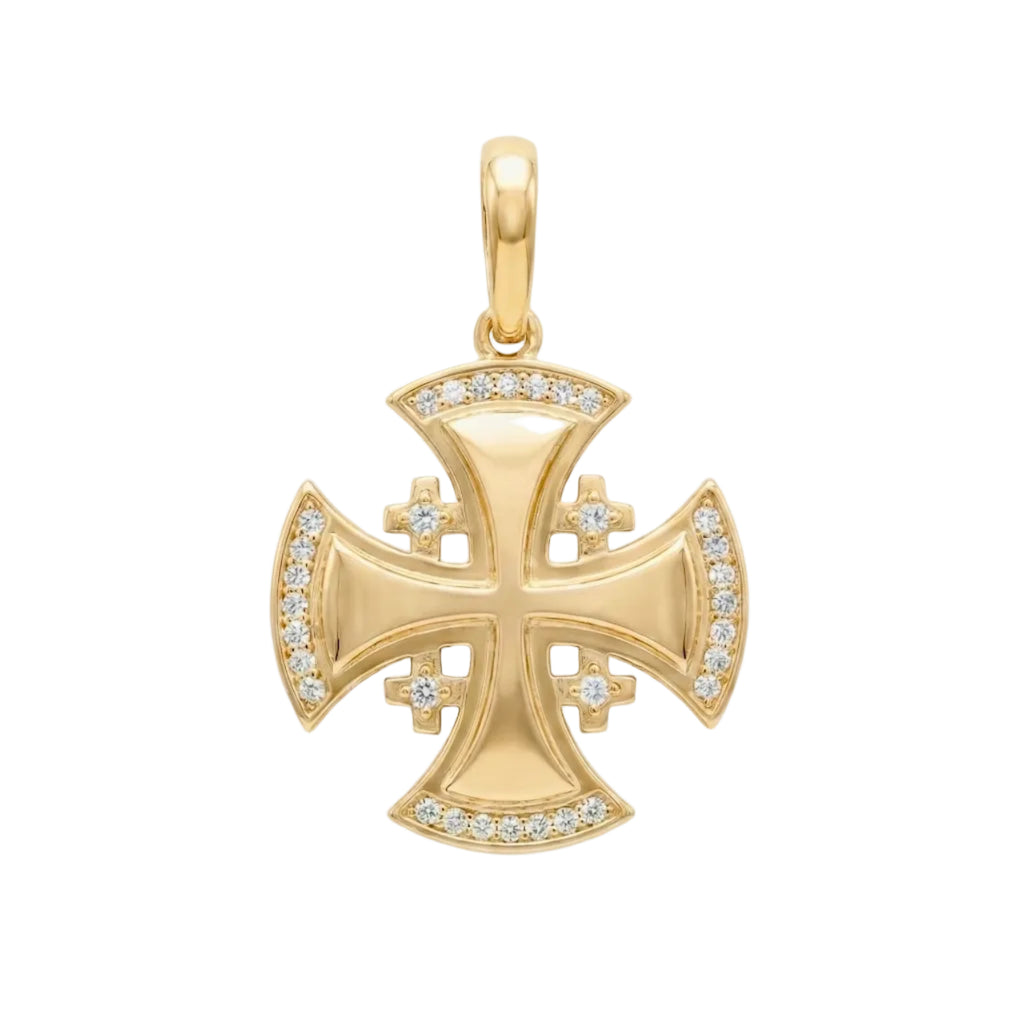 18K Yellow Gold Cubic Zirconia Cross Of Jerusalem Pendant