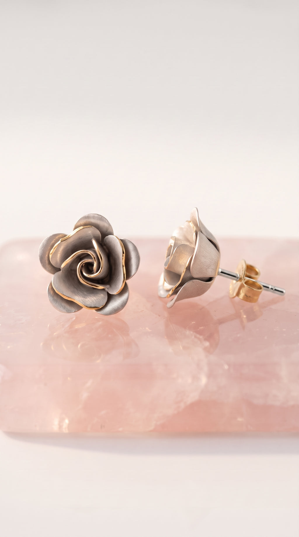 18K Two Tone Gold Rose Stud Earring
