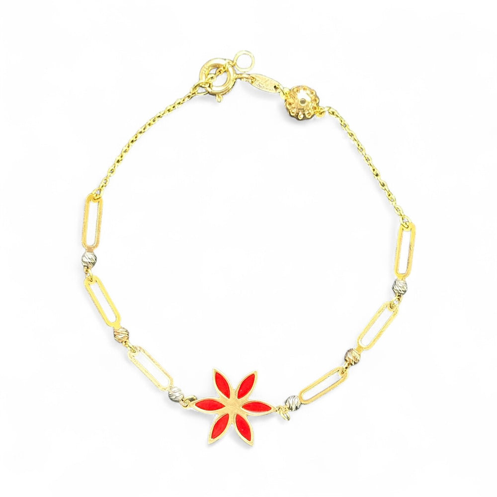 18K Gold Multicolor Red Enamel Flower Chain Bracelet