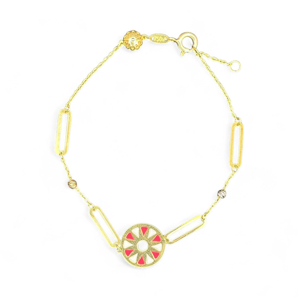 18K Gold Multicolor Neon Pink and White Enamel Circle Chain Bracelet