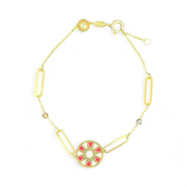 18K Gold Multicolor Neon Pink and White Enamel Circle Chain Bracelet