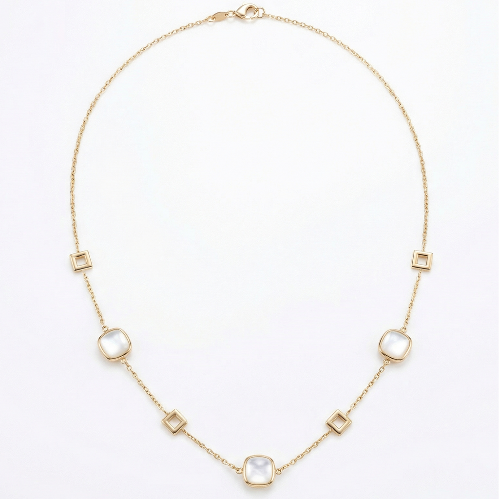 18K Yellow Gold White Mother Pearl Chain Necklace