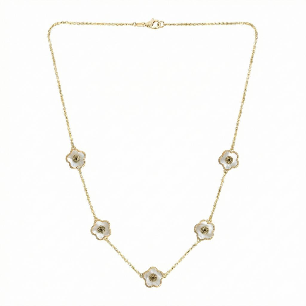 18K Yellow Gold Reversible Pink and White Mother of Pearl Flower Motif Necklace