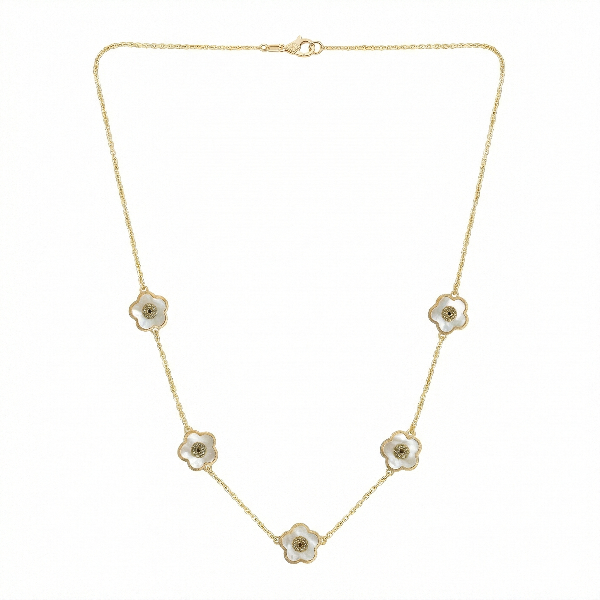 18K Yellow Gold Reversible Pink and White Mother of Pearl Flower Motif Necklace