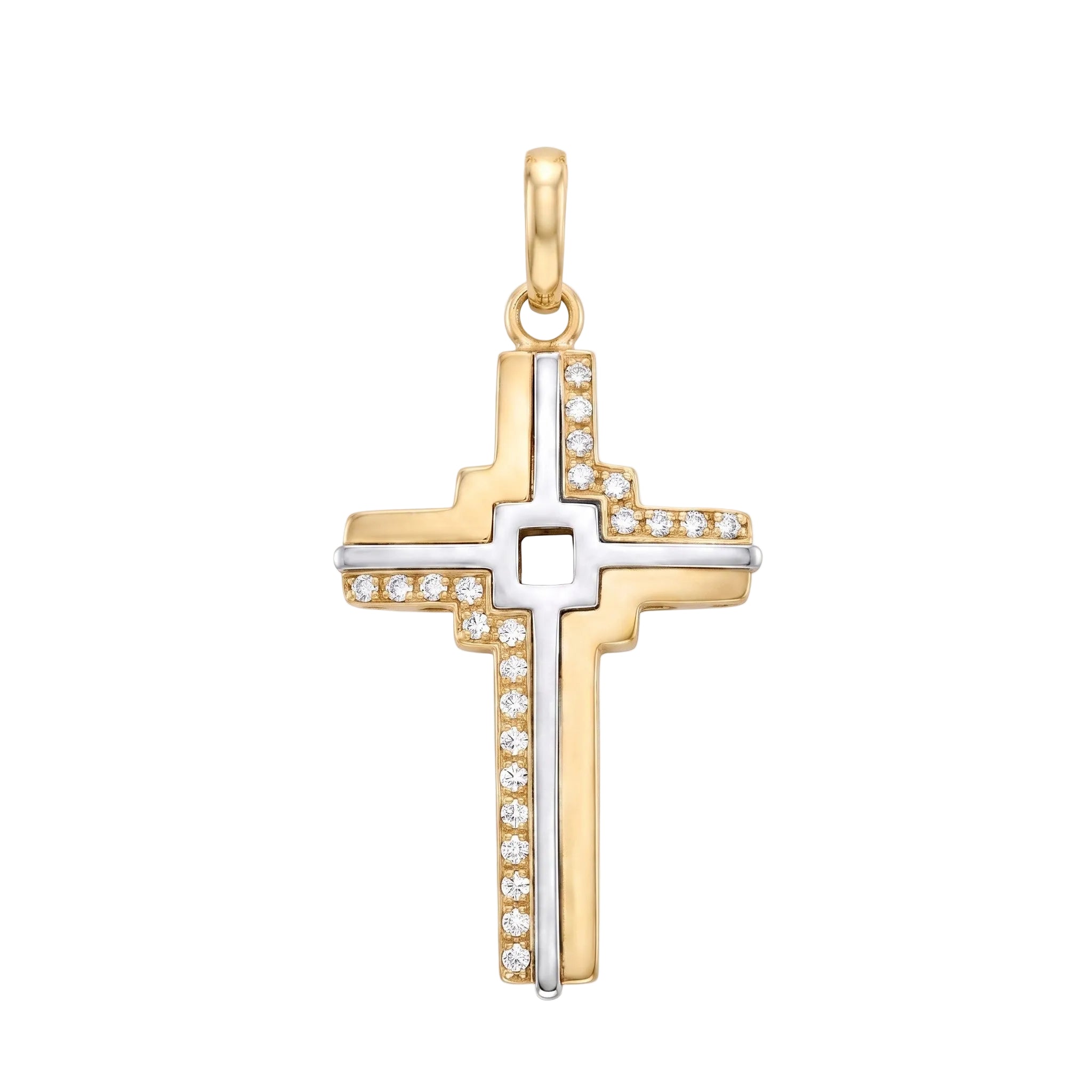 18K Two Tone Gold Cubic Zirconia Cross Pendant