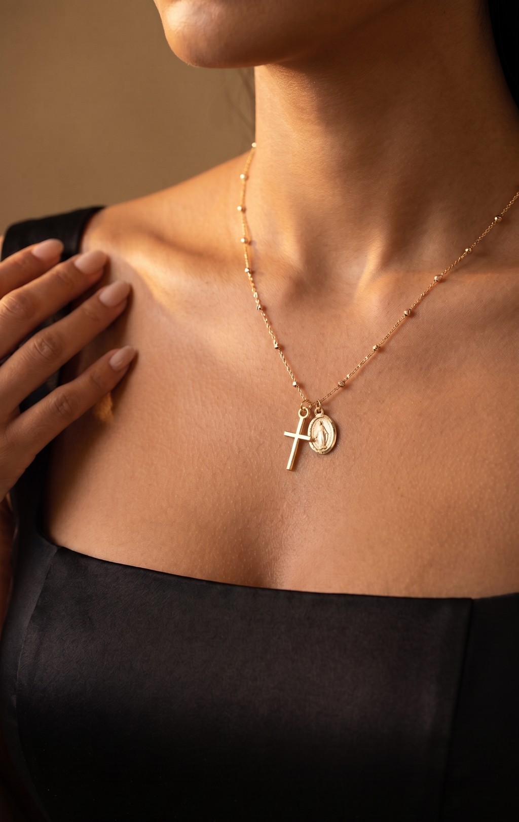 18K Yellow Gold Cross Miraculous Medal Beaded Necklace