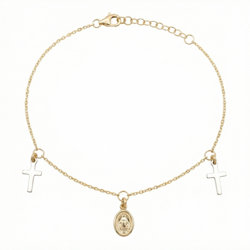 18K Two Tone Gold Cross & St. Mary Icon Motif Bracelet