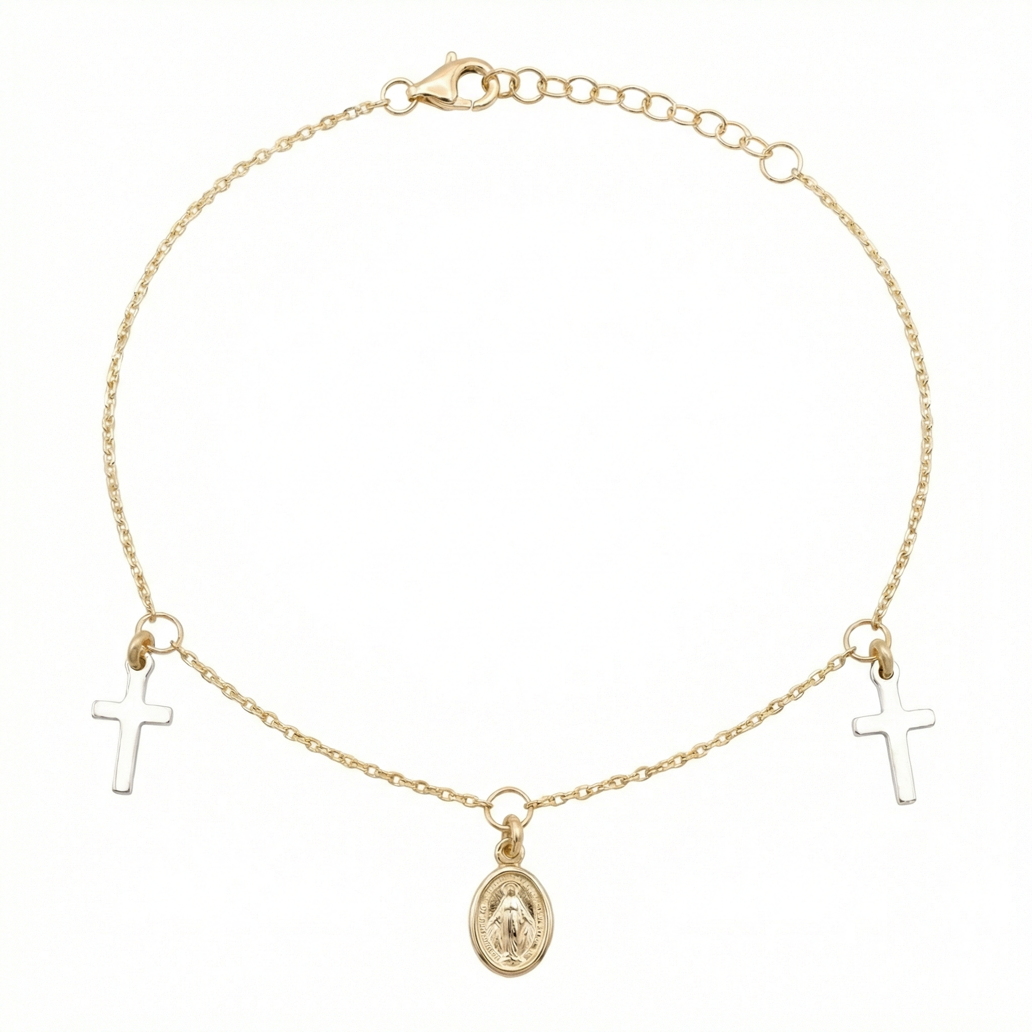 18K Two Tone Gold Cross & St. Mary Icon Motif Bracelet