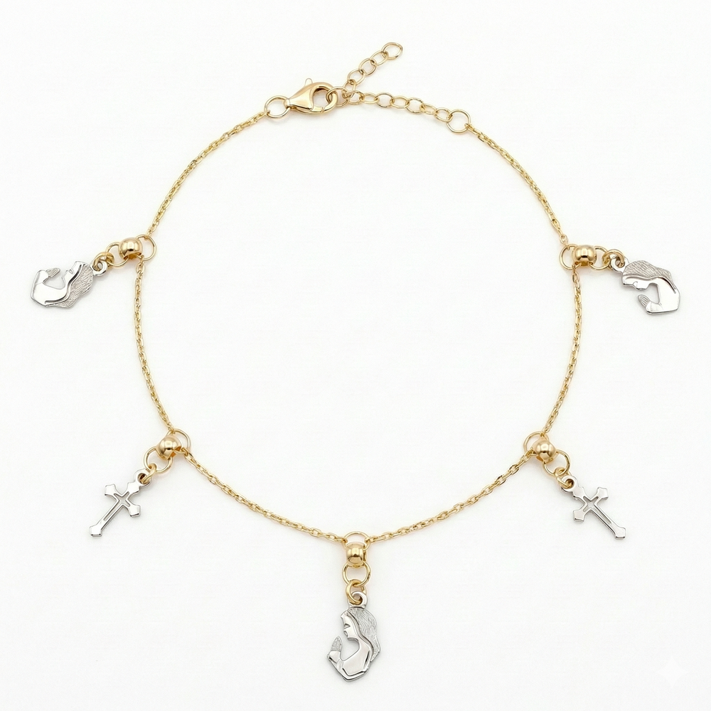 18K Two Tone Gold Cross & St. Mary Motif Bracelet