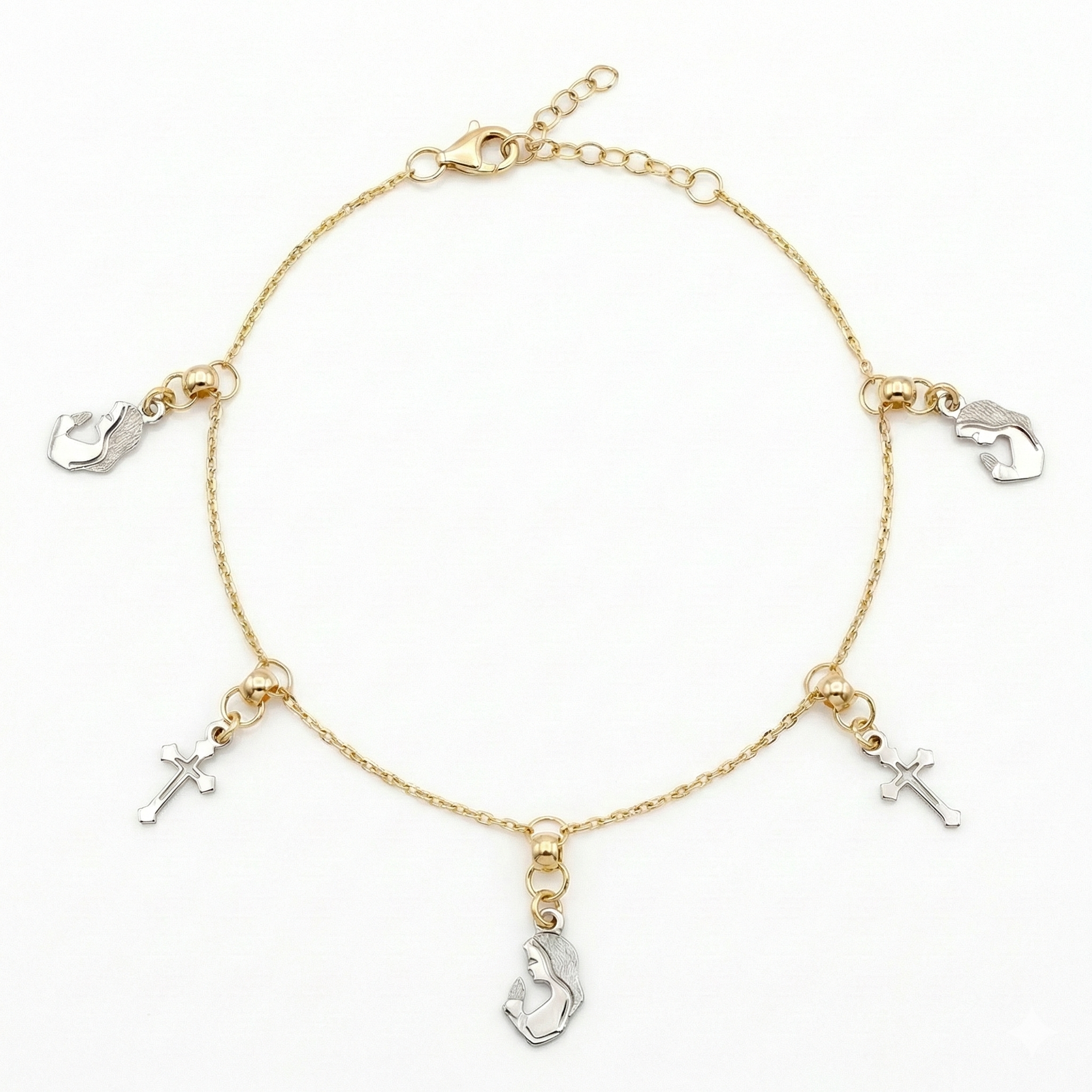 18K Two Tone Gold Cross & St. Mary Motif Bracelet