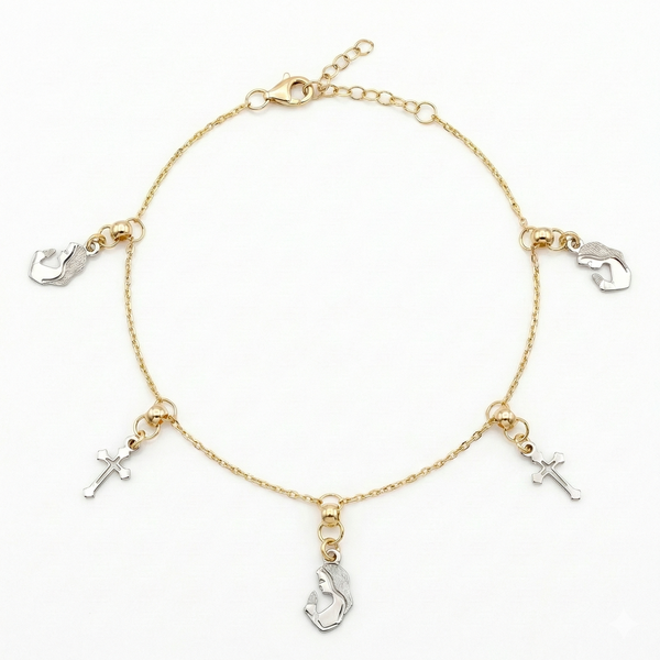 18K Two Tone Gold Cross & St. Mary Motif Bracelet
