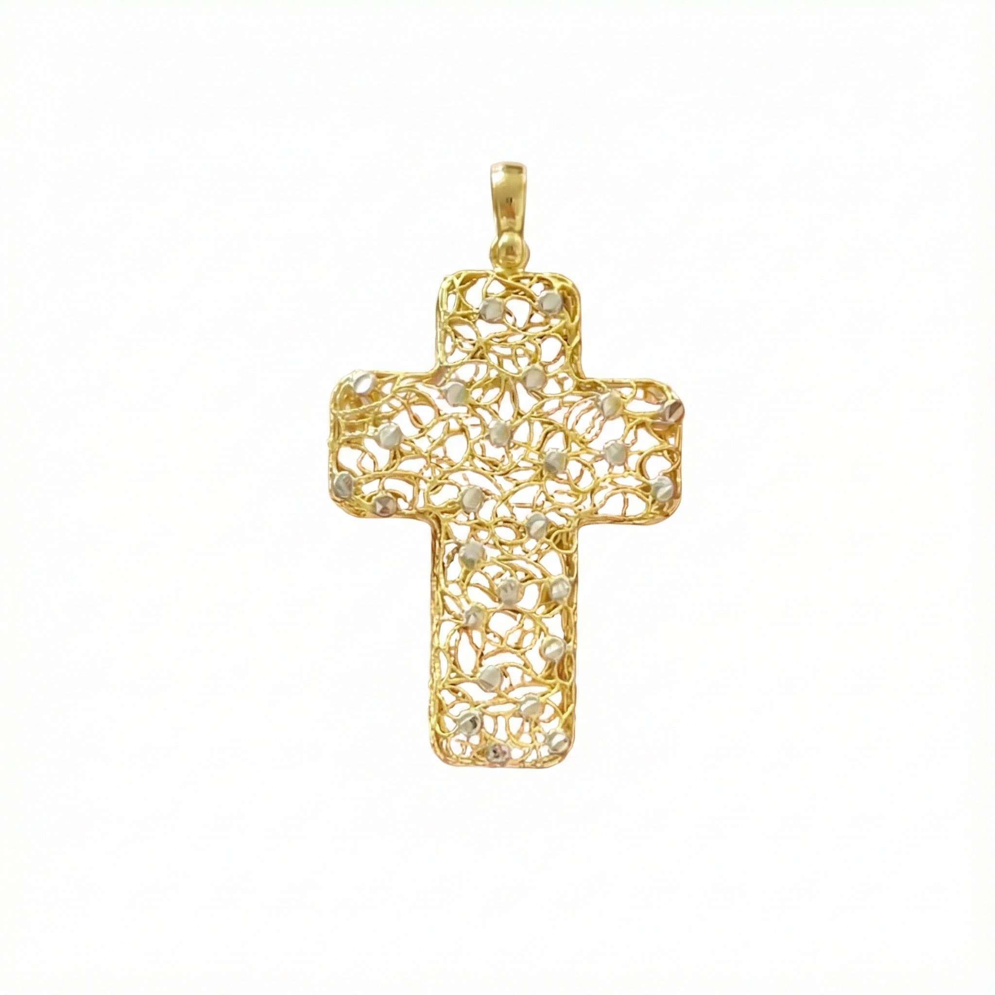 18k Gold Two Tone Filigree Openwork Cross Pendant