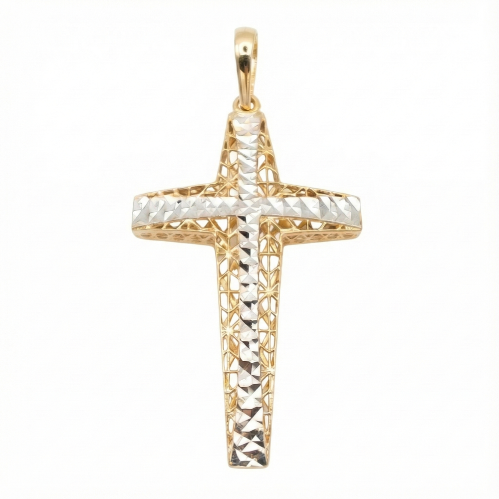 18K Two Tone Diamond Cut Filigree Openwork Cross Pendant