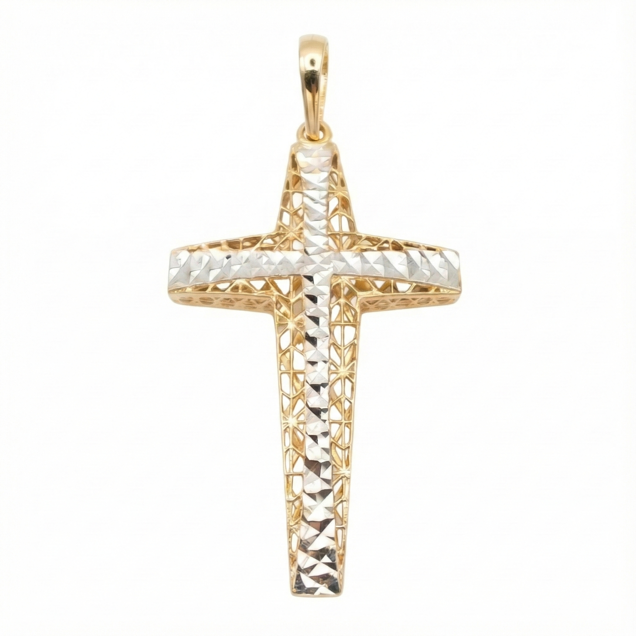 18K Two Tone Diamond Cut Filigree Openwork Cross Pendant