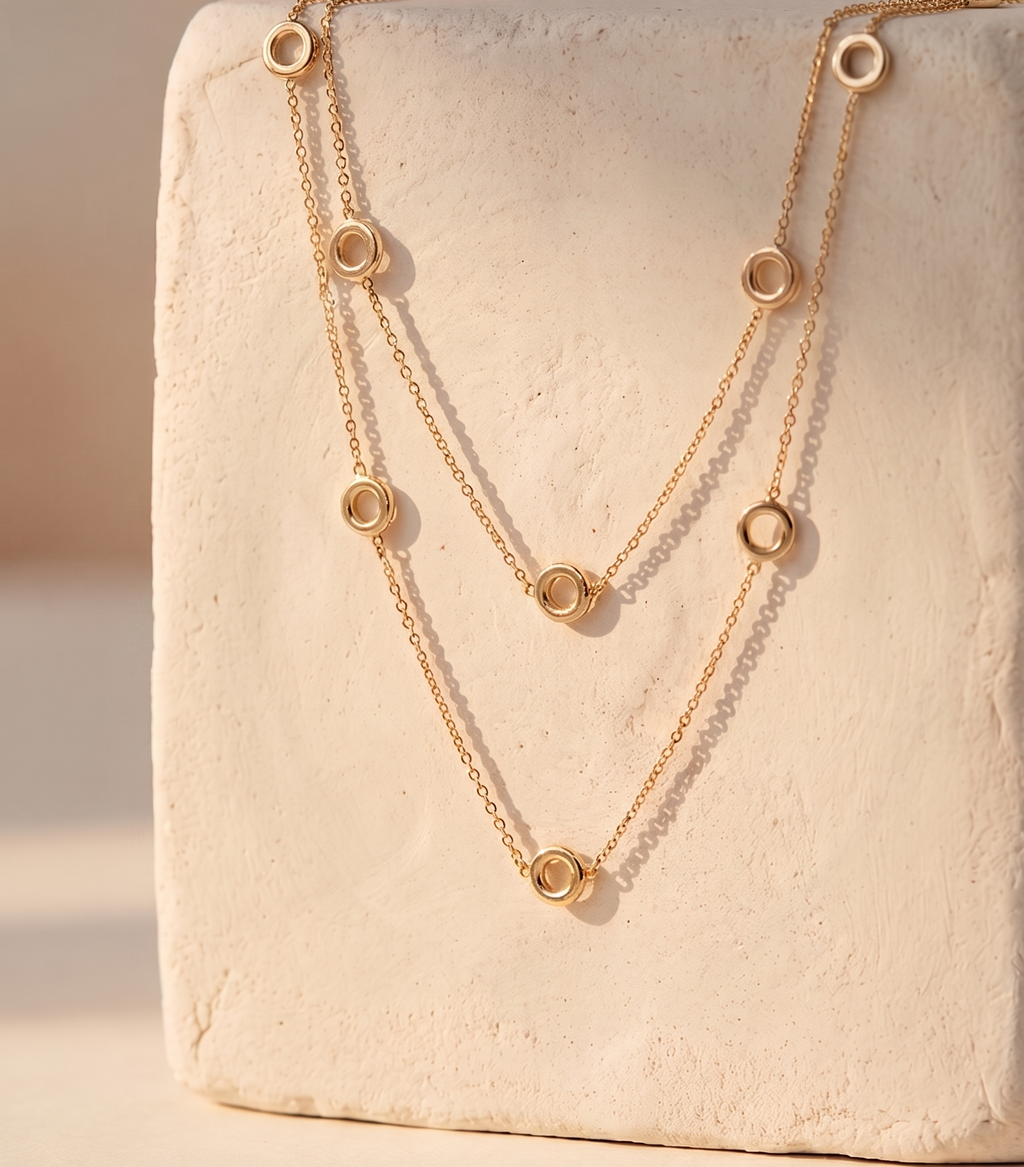 18K Yellow Gold Circle Double Chain Necklace
