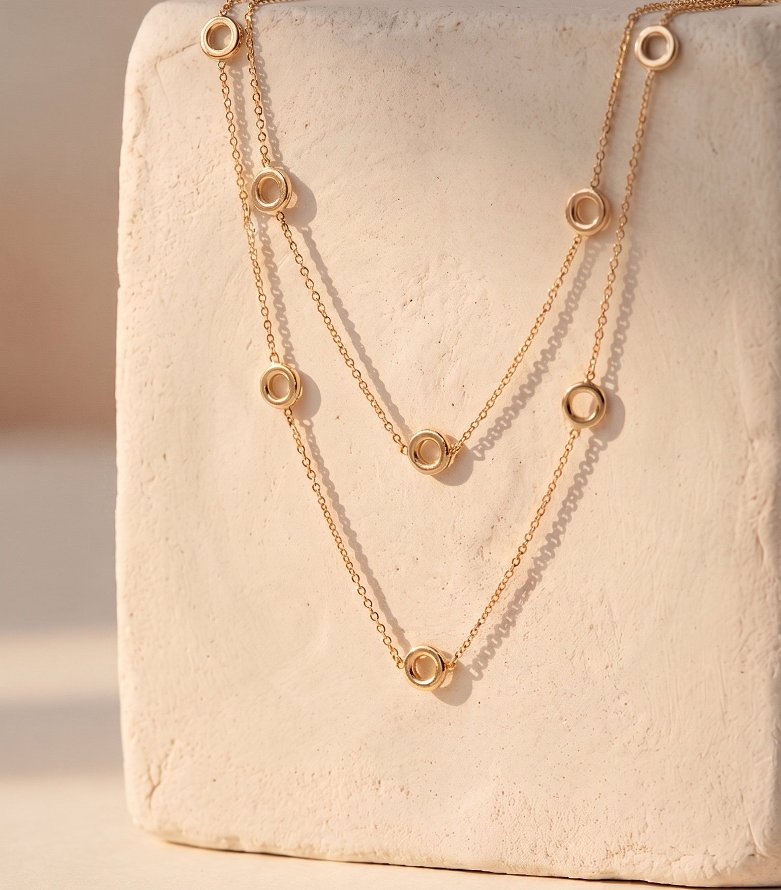 18K Yellow Gold Circle Double Chain Necklace
