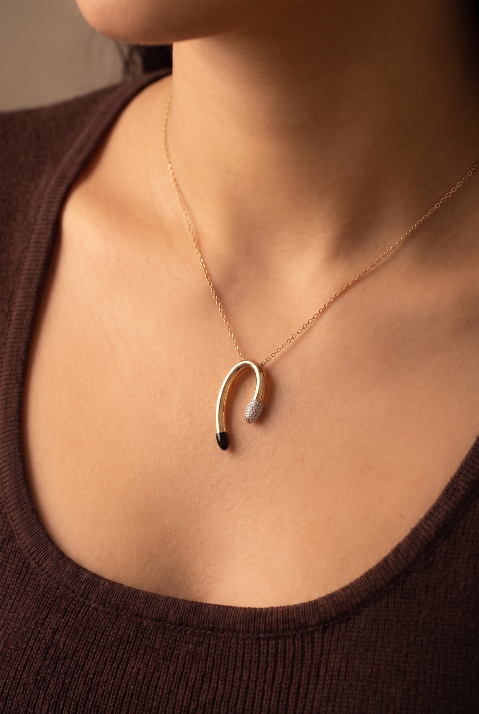 18K Yellow Gold Cubic Zirconia Black Enamel Necklace